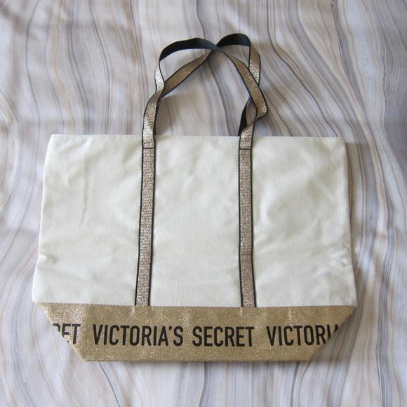 NWT VS Sparkle Zip Top Carryall Beige Canvas Tote - Picture 6 of 6